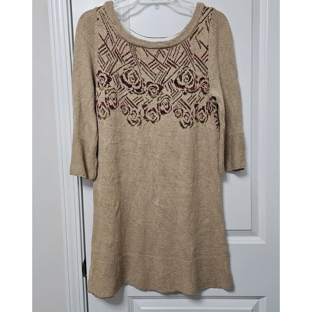 Free‎ People Tunic Desert Rose Sweater Womens L Tan Floral Knit 3/4 Sleeve Boho